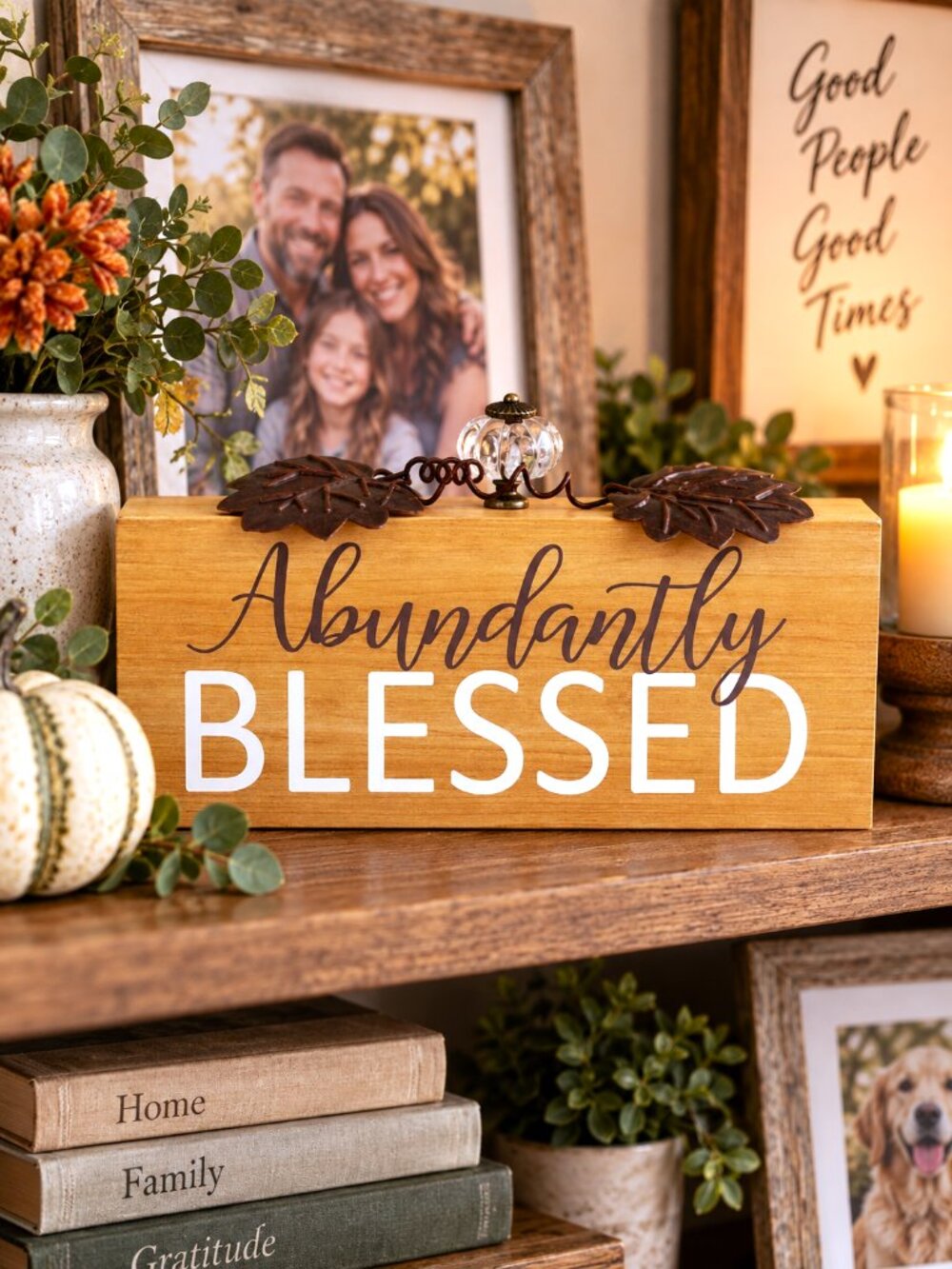 Abundantly Blessed Wood Sign Metal Leaves Crystal Accent Fall Thanksgiving Décor - Picture 3 of 3